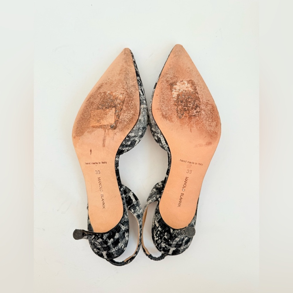 Manolo Blahnik Black beige Plaid 70mm Carolyne slingback pumps EU 39 - Picture 7 of 9
